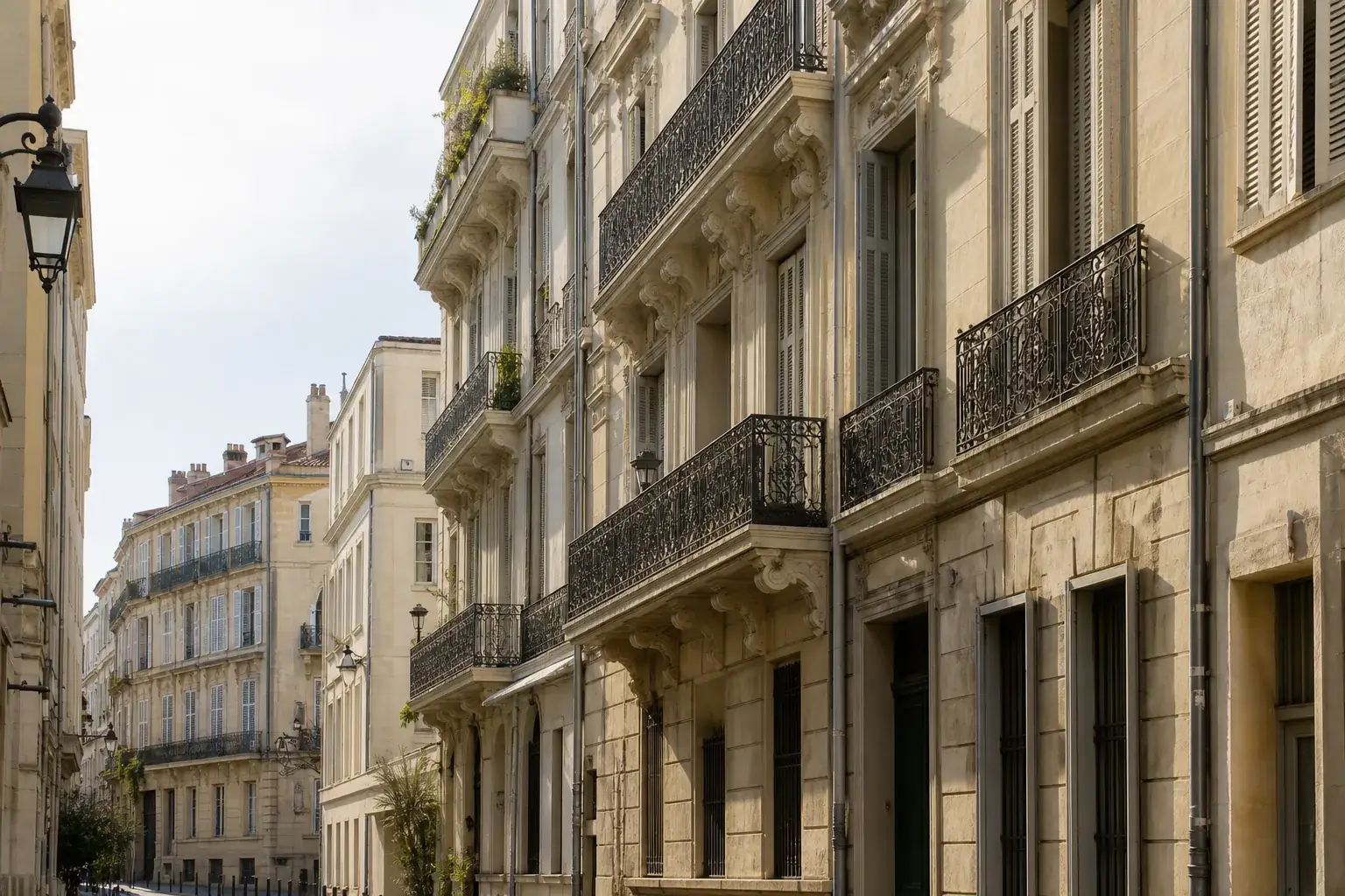 Façade d’immeuble haussmannien du centre-ville de Marseille, balcons en fer forgé, pierre claire