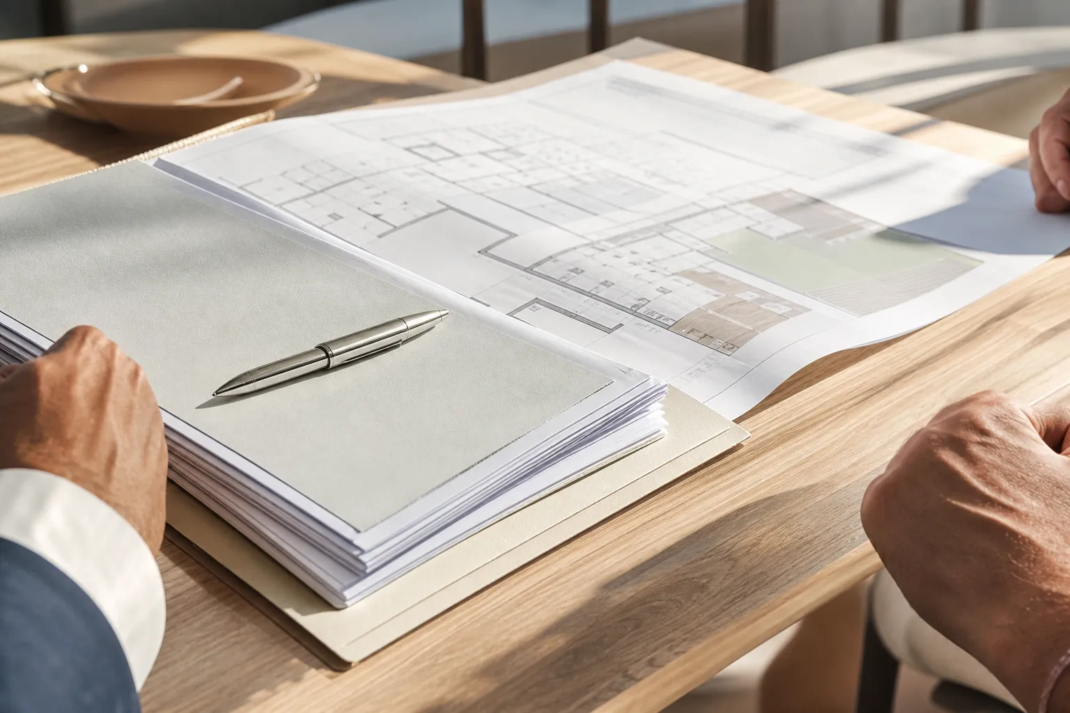 Bureau en bois clair avec un dossier de documents contractuels, un stylo et un plan de bien immobilier