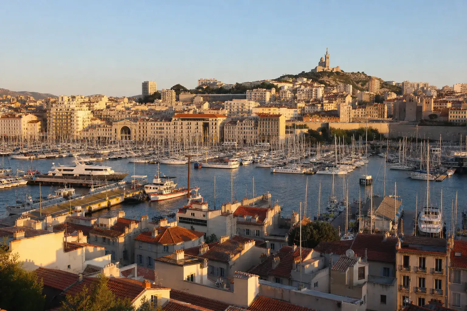 Vue du Vieux-Port de Marseille en fin d’après-midi, façades calcaires et toits de tuiles, bateaux amarrés