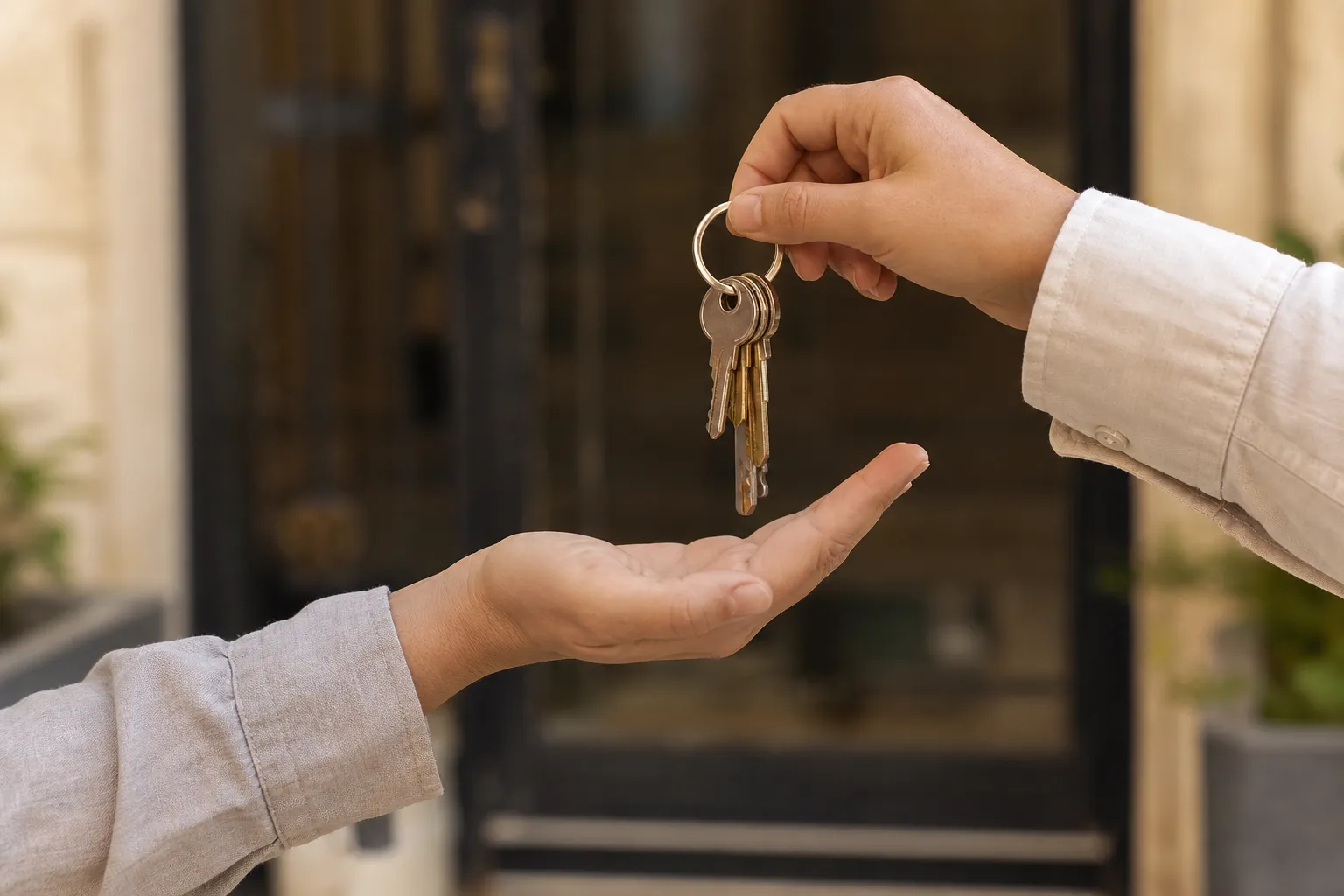 Deux mains qui échangent un trousseau de clés d’appartement, aucun visage dans le cadre