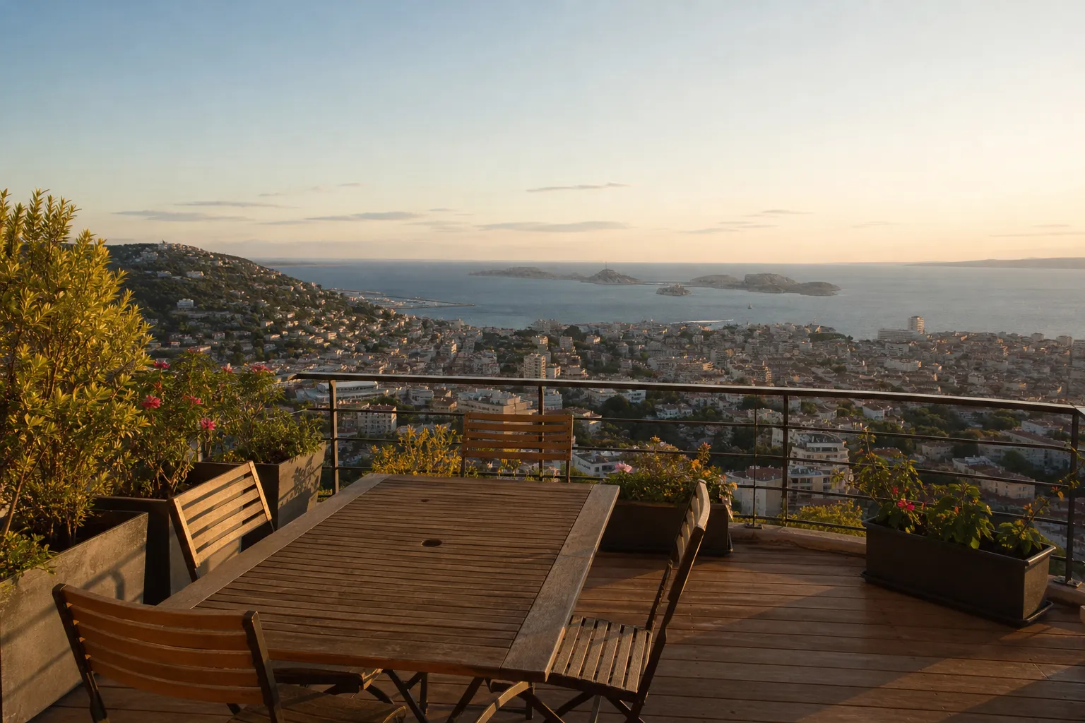 Terrasse d’appartement avec vue sur la baie de Marseille et la mer Méditerranée en fin de journée